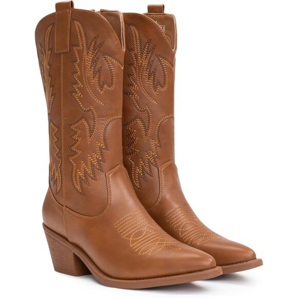 Women's Brown Embroidery Western Cowgirl Boots Pull On Pointy Toe Mid Calf - Picture 6 of 7